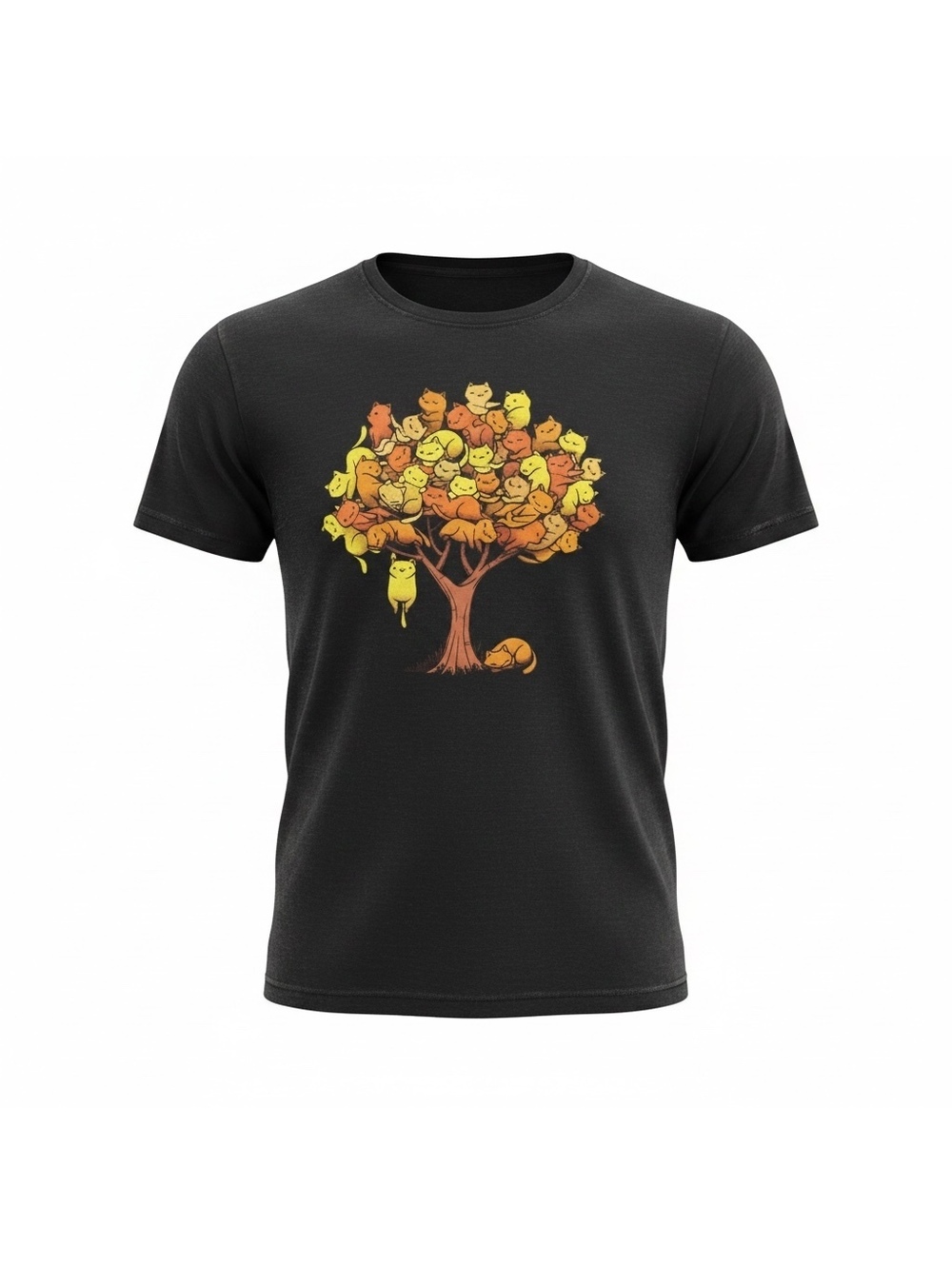 Black T-Shirt Cat Tree Graphic, Classic Fit, Crew Neck, Short Sleeve - sm efect